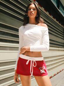 Easelle 字母印花运动休闲户外夏季抽绳女式短裤 - 紅色 - 查看 3
