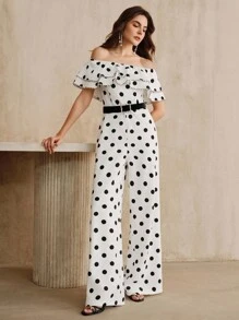 Anewsta 女式夏季新款圆点荷叶边露肩束腰连体裤 - 黑與白 - 查看 3