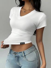 SHEIN EZwear Áo thun cổ chữ V in họa tiết California tối giản, giản dị dành cho nữ, phù hợp cho mùa hè, mùa tựu trường, phong cách đại học, tiệc Homecoming theo phong cách Old Money - Nhiều màu - Xem 7