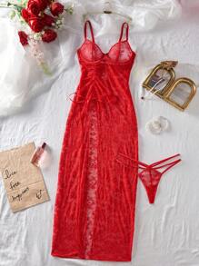 2pcs/Set Women Lace High Slit Sexy Lingerie Set UnderwearOuter - Red - View 7