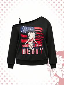 Betty Boop | ROMWE 大码休闲日常美国国旗和卡通人物图案不对称领口运动衫 - 黑色 - 查看 1