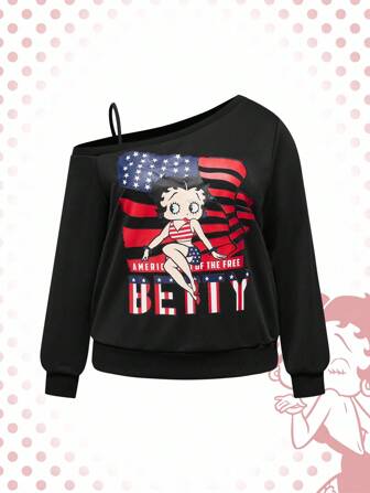 Betty Boop | ROMWE Felpa asimmetrica con grafica della bandiera americana e figure cartoni animati, adatta per tutti i giorni, taglie comode