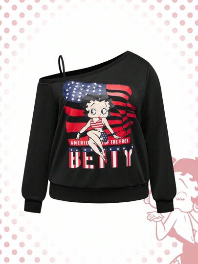 Betty Boop | ROMWE Plus Size Casual Everyday American Flag & Cartoon Figure Graphic Asymmetrical Neck Sweatshirt