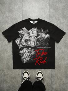 SHEIN Maglietta casual alla moda per ragazzi adolescenti, con grafica di ritratto avvolto in banconote, maglietta a maniche corte con collo tondo e stampa di slogan classica e stilosa, adatta per l'estate