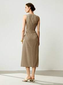 Uhlyne Váy dài vừa phải không tay cổ chữ V họa tiết sọc thường ngày và đi làm dành cho nữ, mới cho mùa hè - màu nâu - Xem 8