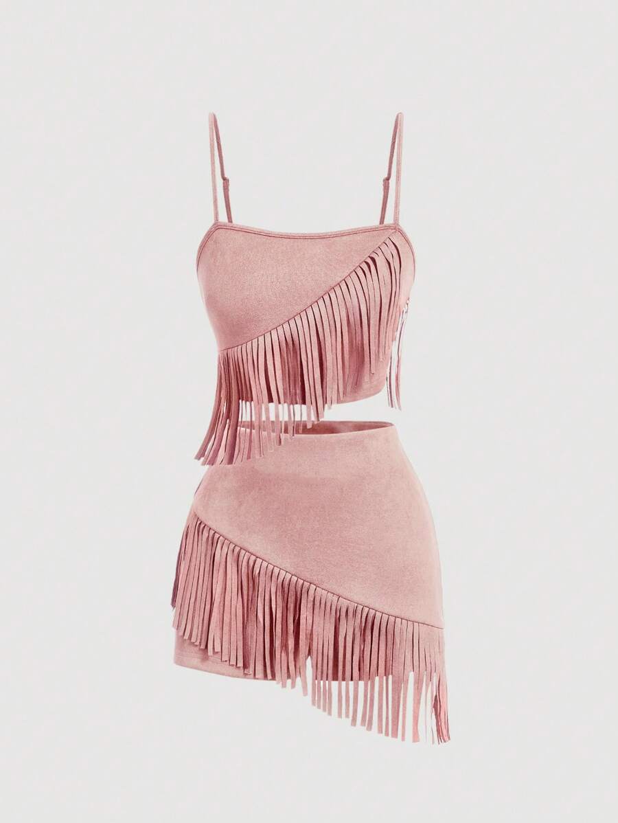 SHEIN MOD Women's Pink Suede Fringe 2 Pieces Set, Music Festival Outfit, Western Outfit - Pink - View 1