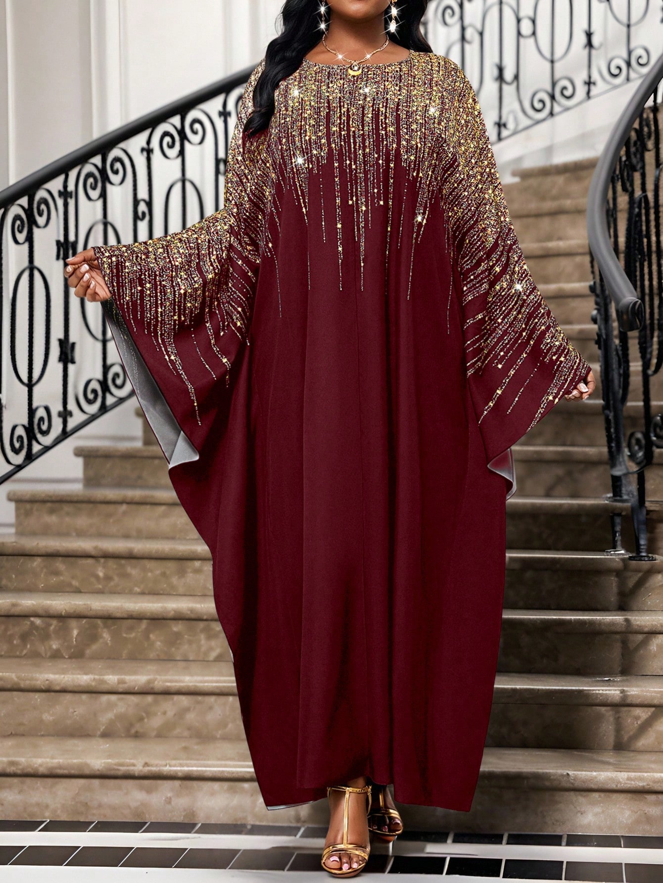 SHEIN Lady فستان طويل أنيق بياقة مستديرة مزين بالن...