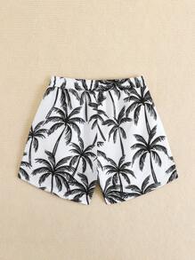 SHEIN Pantalones cortos de playa con cordón y estampado de palmeras, estilo de vacaciones para niño pequeño, a juego con mamá (se venden por separado 4 piezas) - Multicolor - Ver 2