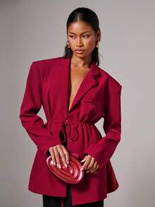 COSMINA Women's Elegant Waist Tie Thin Blazer Jacket, Autumn/Winter - Burgundy - View 1