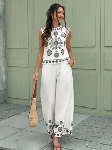 Serisse طقم ملابس علوية وبنطلون بطبعات زهور وهندسية، رقبة دائرية، كاجوال، قطعتين، للعطلات