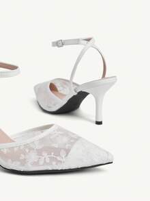 CUCCOO CHICEST Giày cao gót mũi nhọn ren thêu hoa thanh lịch, ngọt ngào, lãng mạn, thời trang, thoải mái, lưới trắng, quai mắt cá chân, dành cho khách dự tiệc cưới, tiệc trà chiều, hẹn hò, tiệc tùng, ngày lễ - trắng - Xem 10