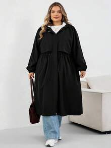 SHEIN CURVE+ Áo khoác trùm đầu dài tay raglan màu trơn cỡ lớn dành cho nữ, dáng rộng, có dây rút, eo cao, thường ngày, mùa đông/thu/đông - màu đen - Xem 8