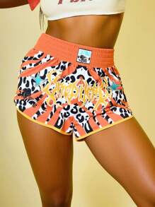ROMWE Street Life Women's Leopard Print Elastic Waist Loose Fit Sports Shorts, Boxing Shorts - Orange - View 1