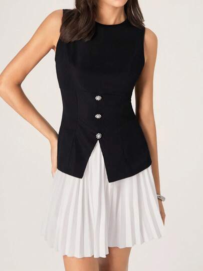 Modelyn Women's Solid Color Button Design Ruched Hem Top And Ruched Skirt Fashion 2 Pieces Set,Women's Fashion Elegant Party Grand Night Shining Autumn Women's Clothing Ladies Dress, Back To School Clothing, Comfortable And Soft Fabric, Gift For Mom, Back To School Card Black And White Splicing Casual Dress Two-Piece Set