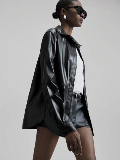 Ontre 2025新款女士时尚百搭通勤夹克，PU皮革材质，黑色，宽松版型