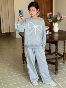 Tween Girl 休闲蕾丝拼布蝴蝶结宽松落肩套头连帽衫和阔腿裤两件套，春秋 - 灰色 - 查看 3