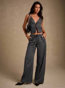 Glamine 女士时尚优雅条纹吊带背心，修身系带背心 - 灰色 - 查看 7