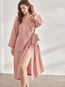 Ocili 休闲大码女式柔软棉质双层褶皱面料束腰长袍，秋季 - 粉色 - 查看 4