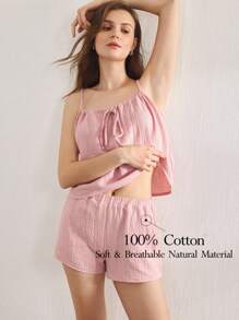 Ocili 休闲女士舒适棉质柔软网眼双层吊带上衣和短裤睡衣套装