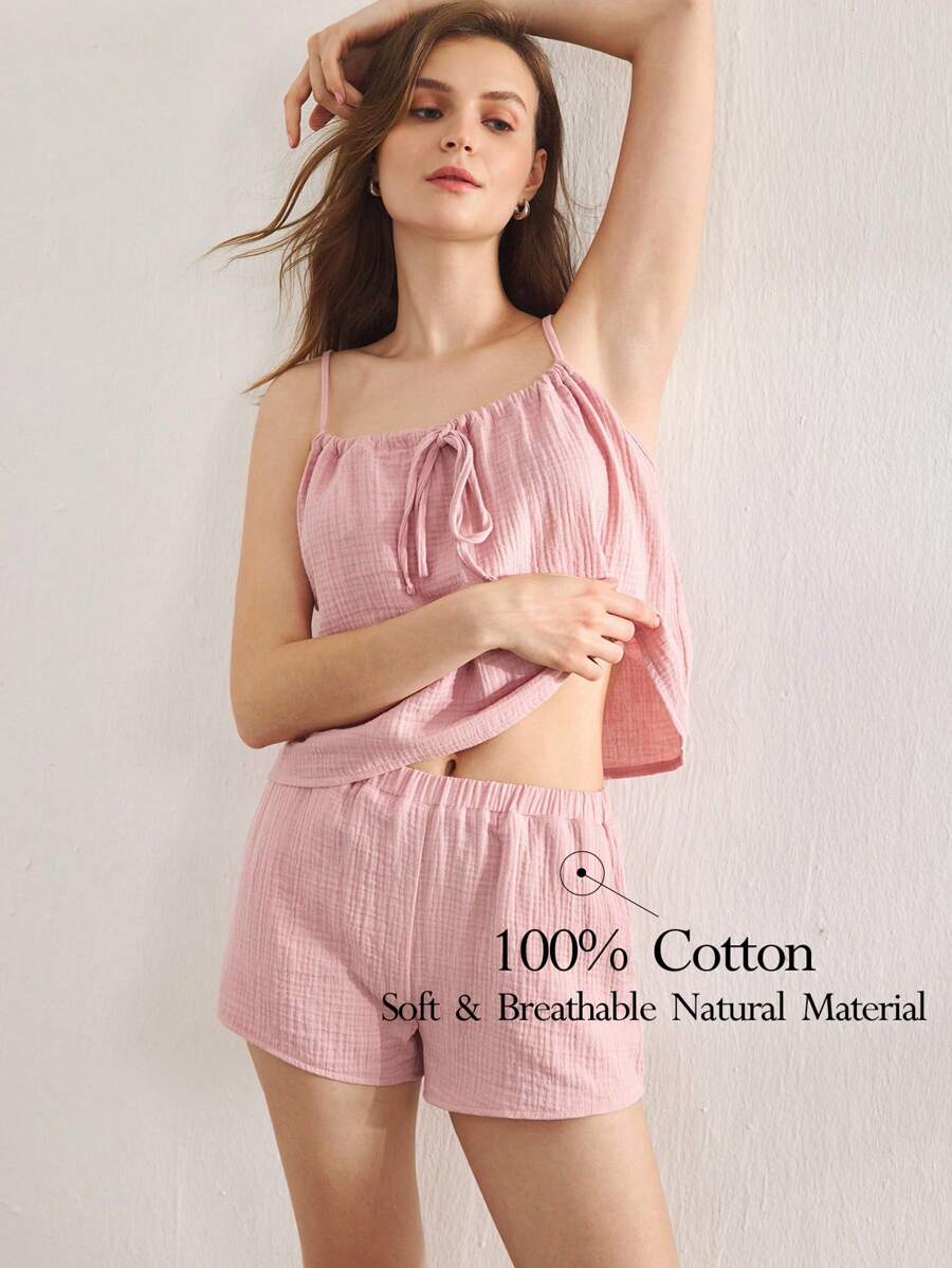 Ocili 休闲女士舒适棉质柔软网眼双层吊带上衣和短裤睡衣套装