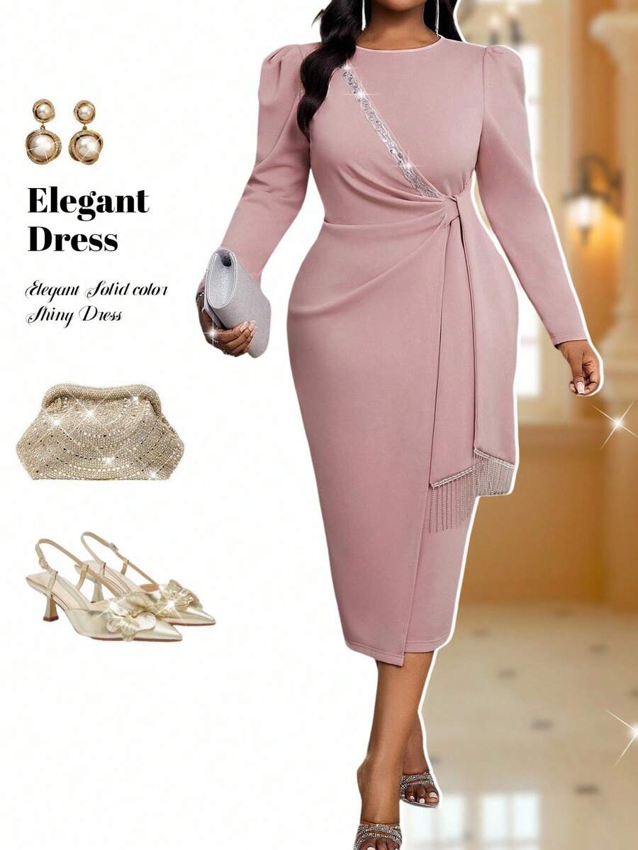 Fleurora Vestido de festa de casamento plus size, elegante, primavera e verão, para escritório, concerto/festival de música, rosa, de malha, renda, gola redonda, lápis - Rosa - Ver 1
