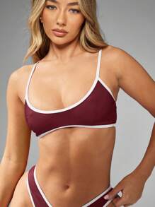 MISSGUIDED Bộ đồ bơi hai mảnh cổ tròn viền tương phản, cắt cao, dây đeo có thể điều chỉnh, thích hợp cho kỳ nghỉ hè, đi biển, hồ bơi, bơi lội - Màu Đỏ Sâu - Xem 6