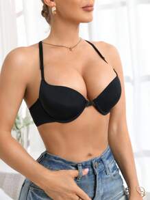 SHEIN Esselle 1pc Women's Minimalist Fashion Front Closure Underwire Bra Lace Bralettes For Women Lace Bra Top Bra For Backless Top Top With Built In Bra - Black - View 3