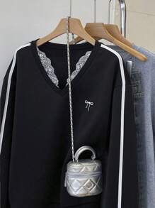 SHEIN Sudadera holgada con cuello en V y parches de encaje para mujer, para otoño - Negro - Ver 6