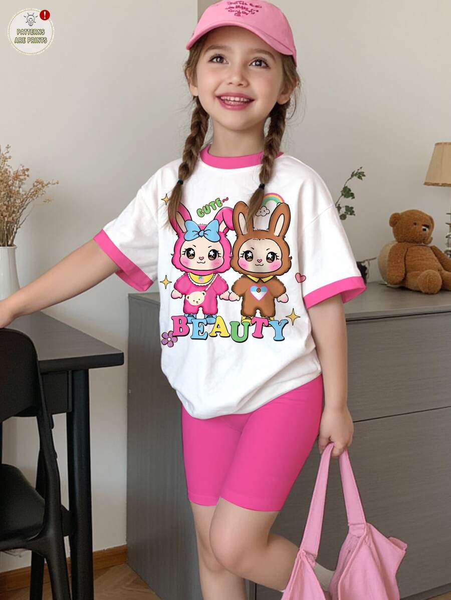 SHEIN Happikins 2件套女童休闲可爱卡通图案短袖T恤短裤套装，粉色，返校季，适合夏季女童短裤套装，女童服装套装，短袖两件套，女童夏季服装，女童服装 - 彩色 - 查看 1