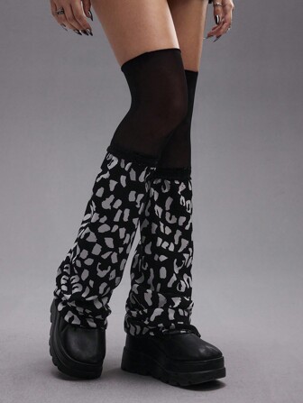 Grunge Punk 1 Pair Minimalist Y2K Leopard Print Lace Leg Warmers, Over-The-Knee Leg Warmers