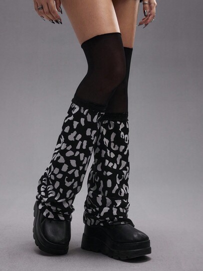 Grunge Punk 1 Pair Minimalist Y2K Leopard Print Lace Leg Warmers, Over-The-Knee Leg Warmers