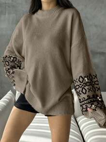 EURMUSE Women Geometric Print Crew Neck Long Sleeve Sweater - Mocha Brown - View 3
