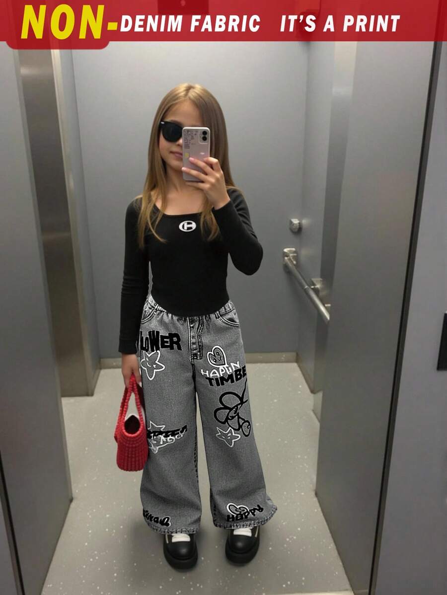 SHEIN Leap Crew 2件套年轻女孩 Nova 发光时尚休闲紧身不规则下摆 U 领长袖水钻装饰 T 恤上衣和牛仔效果裤套装