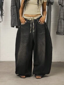 COUREZ 低腰宽松牛仔裤，浅蓝色水洗，街头休闲，Y2K风格，适合休闲、音乐节等场合，纯棉牛仔布 - 深灰色 - 查看 2