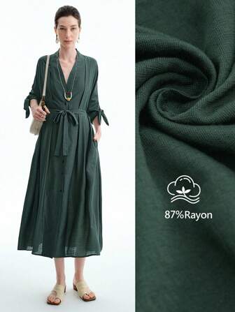 Aalyst Vestido de lino de punto de bambú para mujer, primavera/verano, elegante cuello en V, frente con botones, mangas tipo dolman, lazo en la cintura, hombros fruncidos, largo maxi, adecuado para la oficina y uso casual
