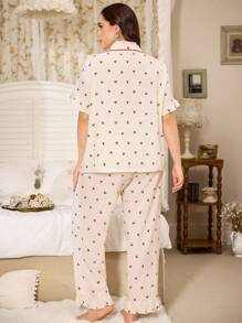 CottageSlumber Plus Size Women Bubble Wrinkle Cherry Print Ruffle Trim Short Sleeve Pajama Set Plus Size Pajama Set Plus Size Sleepwear Set Curve Pajamas Set Plus Size Pajamas Women Plus Sleepwear