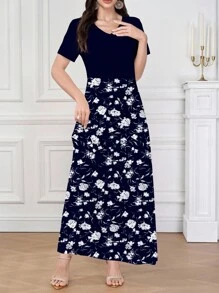 Seusyu Granatowa elegancka letnia dzianinowa sukienka z krótkim rękawem i dekoltem w serek, może być noszona jako odzież wierzchnia lub jako podkoszulek/sukienka do pracy, vintage delikatny wzór z drobnymi kwiatami, piękna i elegancka, odpowiednia na randki, wakacje, codzienne, codzienne, imprezy, festiwale, sukienki, letnia długa sukienka damska, zwiewna sukienka, sukienka w kwiaty, sukienka vintage/sukienka maxi w kwiaty, niebiesko-biała sukienka maxi w kwiaty, granatowa sukienka maxi, długa sukienka w kwiaty, niebieska sukienka maxi w kwiaty, damska sukienka maxi - Granatowy - Zobacz 3