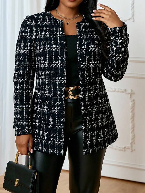 SHEIN Lady Plus Size Women's Elegant Plaid Print Front Open Plus Size Suit Jacket Summer Outfits For Women Summer Dresses For Women Vacation Outfits Woman Beach Outfits For Woman Wedding Guest Dress Women Birthday Dresses For Women Cheetah Print Business Casual Woman Birthday Outfits For Women 4th Of July Women Fall Outfits Fall Women Clothes Jackets Teacher Outfits For Women Tweed Jacket Women Plus Size Tweed Jacket Womens Tweed Blazer Office Blazer Women Tweed Jacket