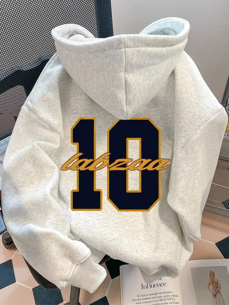 SHEIN 女式字母印花长袖休闲宽松连帽运动衫 - 淺灰色 - 查看 1