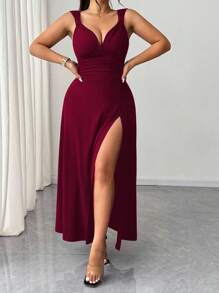 Elenzga 女式加大码纯色扭结V领高开衩高弹力针织派对鸡尾酒百搭时尚设计2025新款连衣裙 - 酒紅色 - 查看 4