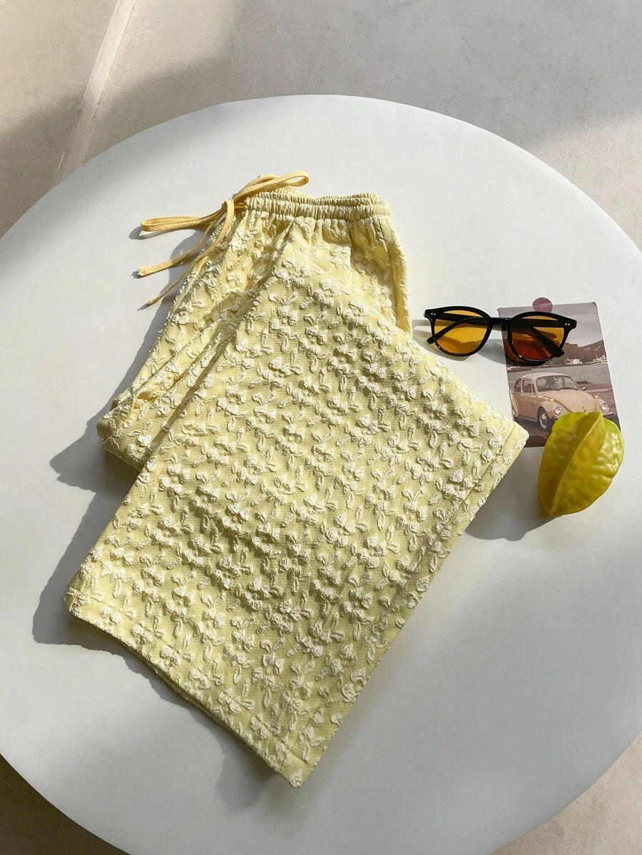 SHEIN EZwear 黄色抽绳腰休闲百搭女裤 - 黃色 - 查看 1