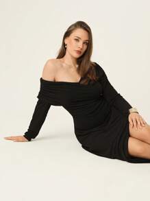 Auralis 大码女式纯色不对称领口长袖褶饰优雅连衣裙 - 黑色 - 查看 4