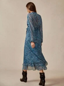 女士休闲通勤优雅佩斯利雪纺荷叶边下摆长裙 - 藍色 - 查看 5