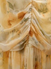 GENKIRA 复合丝随机水彩印花百褶收腰喇叭裙时尚欧美风长袖 - 彩色 - 查看 8