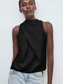 Maija 女士黑色立领褶皱前襟纽扣缎面优雅休闲宽松蝴蝶结无袖上衣，适合度假、办公穿着，不对称复古风格，秋季女装，女士服装，黑色上衣 - 黑色 - 查看 7