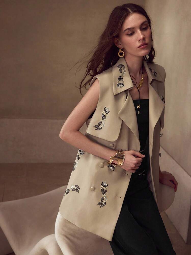 Trenchcoat ohne Ärmel mit Kragen, Gürtel, Doppelreiher-Knopfleiste und Strass-Details