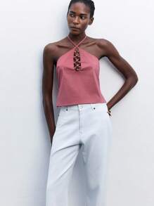 Maija Áo thun không tay cổ buộc dây họa tiết vòng tròn bằng nhựa cắt bất đối xứng dành cho nữ, phong cách công sở giản dị, phù hợp cho lễ hội âm nhạc, Halloween, Giáng sinh, tiệc tùng, kỳ nghỉ theo phong cách Bohemian, áo hở vai - Đỏ - Xem 9