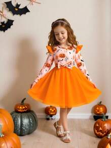 Glamorique Kids Girls' Halloween Pumpkin Sleeveless Midi Dress, Suitable For Halloween Wear Girls Halloween Dress Orange Kid Dress Kids Halloween Dress Pumpkin Dress For Girls Fall Winter - Multicolor - View 1