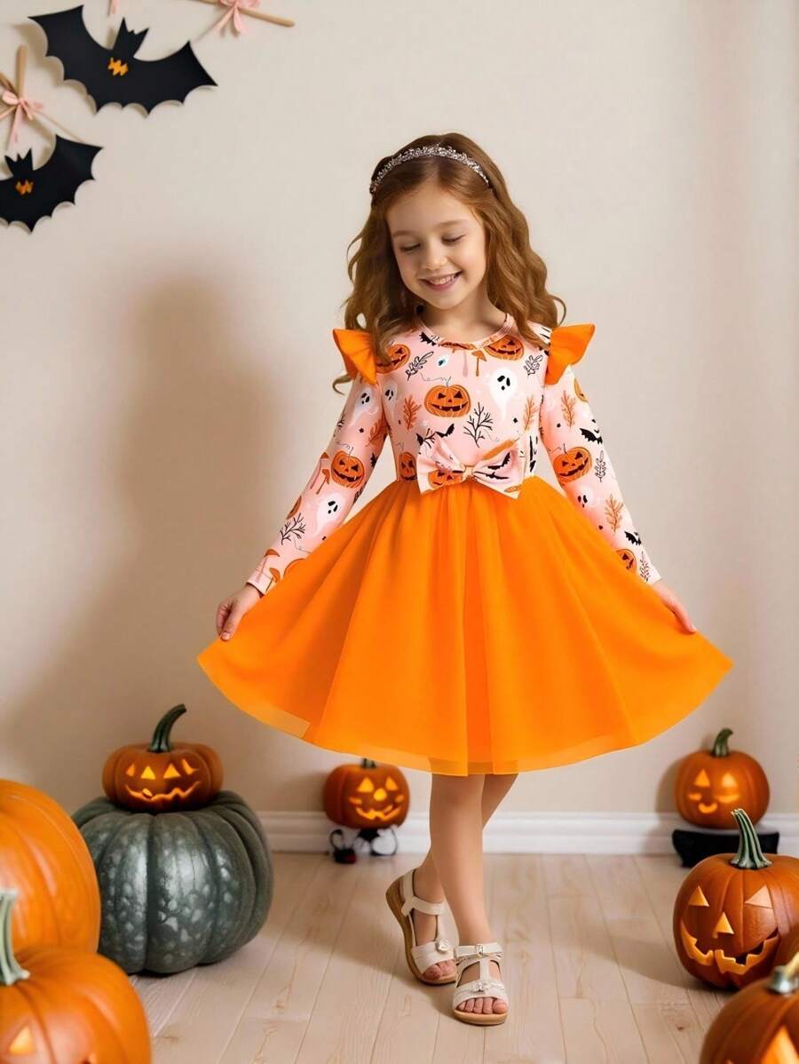 Glamorique Kids Girls' Halloween Pumpkin Sleeveless Midi Dress, Suitable For Halloween Wear Girls Halloween Dress Orange Kid Dress Kids Halloween Dress Pumpkin Dress For Girls Fall Winter - Multicolor - View 1