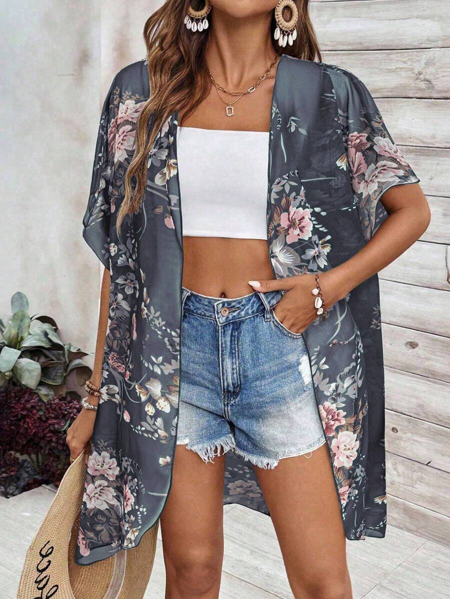 Breezaya 女士花卉印花蝙蝠袖宽松前开衫，适合度假 - 彩色 - 查看 1